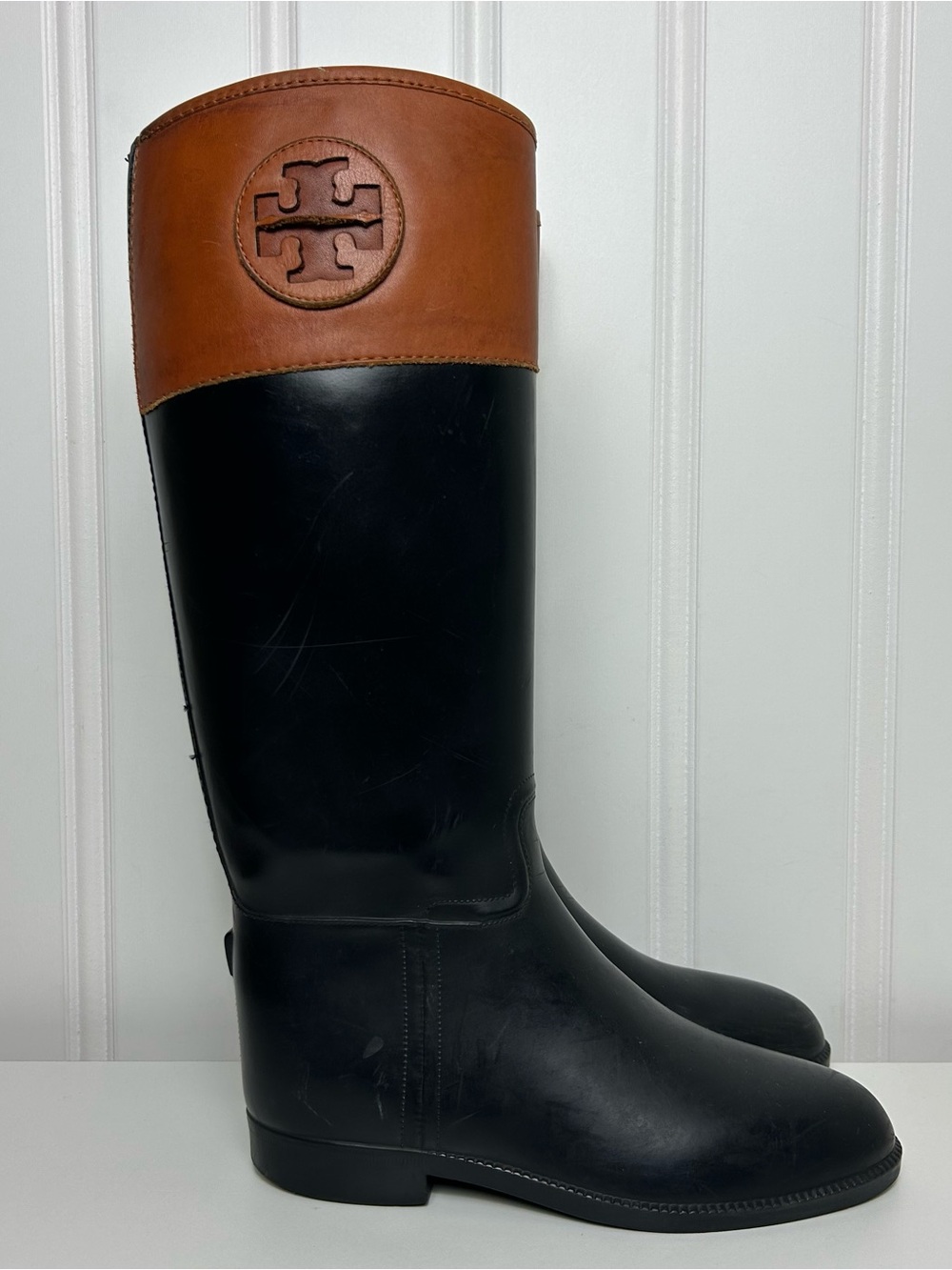 Tory Burch riding boots equestrian Black rubber Brown Leather zipper women’s 8
